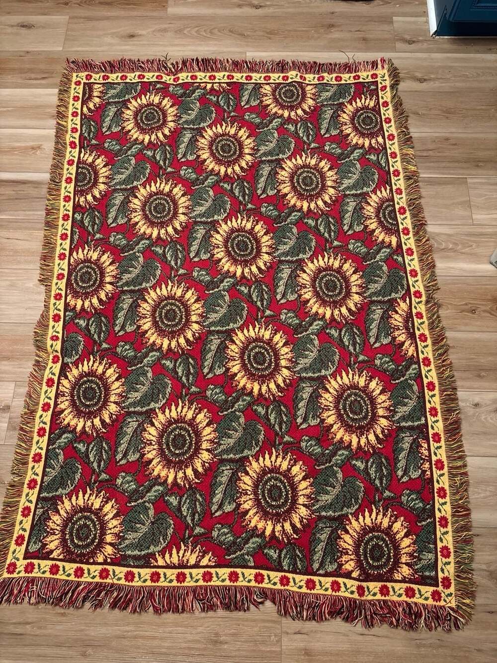 Vintage Sunflower Woven Tapestry Throw Blanket Red Yellow Green Fringe